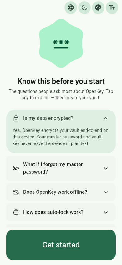 OpenKey first-run onboarding — trust FAQ before vault setup